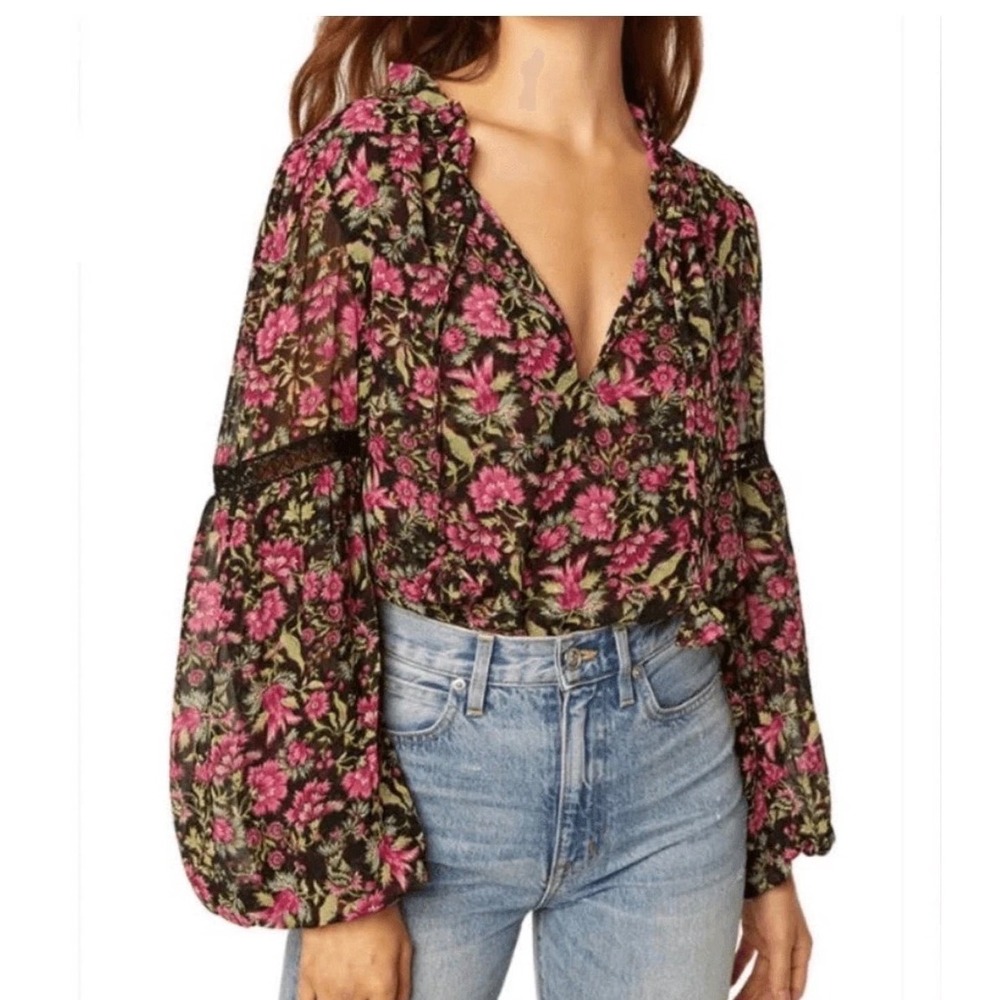 MISA Los Angeles Floral Blouse Small Pink Boho Bell Sleeve Cottage Peasant Fall